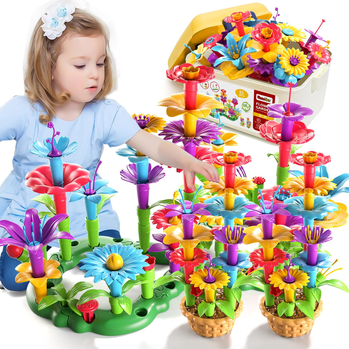 Garbo Star Girl Toys for 3 4 5 6 Year Old Girls Birthday Gift, Flower Garden Building Toys Set for Girls Toddlers Kids Ages 3-5, Building Educational Stem Toys