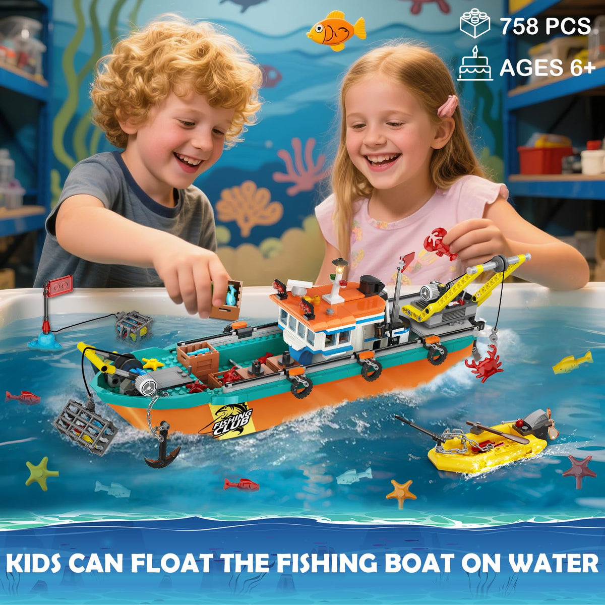 City Fishing Boat Wharf Building Set - Floatable Sea Fishing Ship Building Block Kit with Speedboat Crane Containers Exploration Boats Toy Birthday Gift for Kids Boys Girls 6 7 8 9 10+, 762PCS