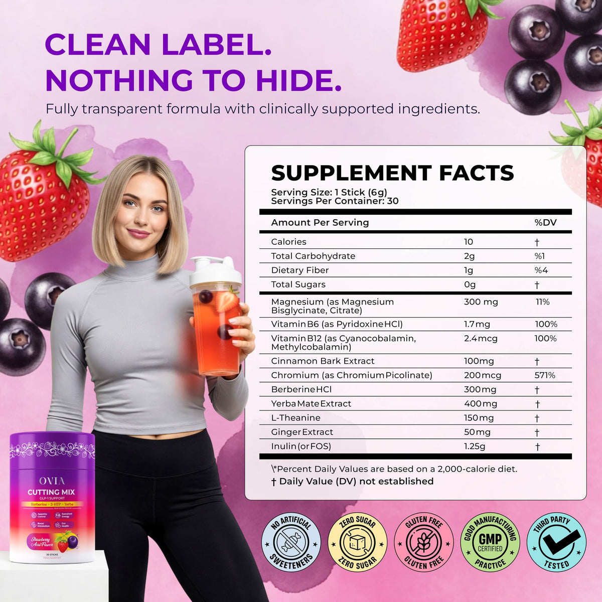 OVIA Cutting Mix Craving Control & Weight Management Powder with Yerba Mate, Berberine, 5-HTP, Inulin FOS, L-Theanine, Chromium, Cinnamon & Ginger - Strawberry Acai - 30 Sticks