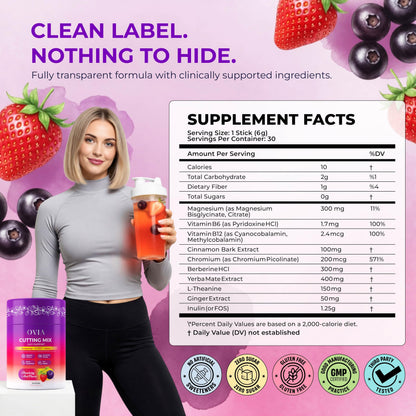 OVIA Cutting Mix Craving Control & Weight Management Powder with Yerba Mate, Berberine, 5-HTP, Inulin FOS, L-Theanine, Chromium, Cinnamon & Ginger - Strawberry Acai - 30 Sticks