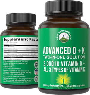 Peak Performance Advanced Vitamin D 2000 IU with All 3 Types of Vitamin K Vitamin D3 and Vitamin K2, K1, MK-7 (MK7), MK4 Supplements - 60 Small and Easy to Swallow Vegetable Capsules