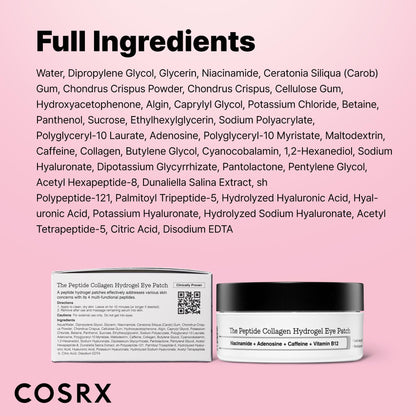 COSRX Pink Peptides Collagen Hydrogel Eye Patch - 60 Patches - Revitalizing Under Eye Mask for Dark Circles & Puffiness