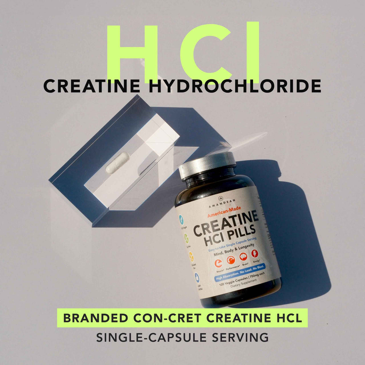 AMANDEAN Creatine HCl Pills. American Made CON-CRET. 120 Capsules. 7X Concentrated. No Bloat. Muscle, Energy, Cognitive, Recovery Support for Men & Women. Gluten Free, Non-GMO.