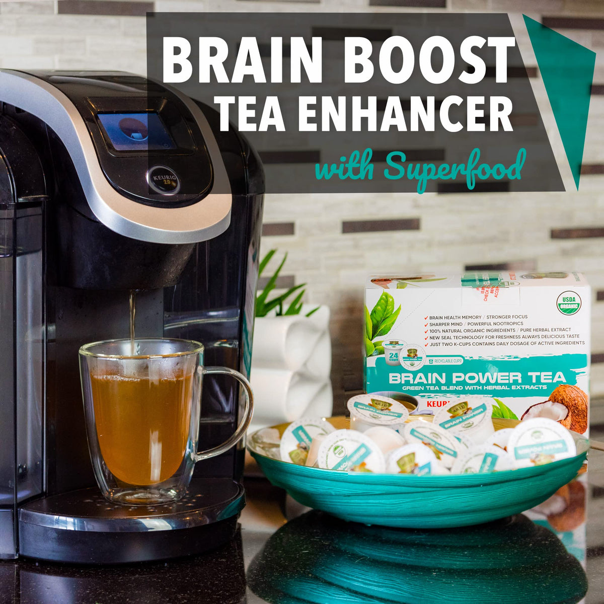 SOLLO Brain Power Organic Green Tea Pods with MCT, Acai & Essential nutrition, Nootropic Brain Booster- Improves Memory & Focus Compatible with 2.0 K-Cup Keurig Brewers, 24 Ct