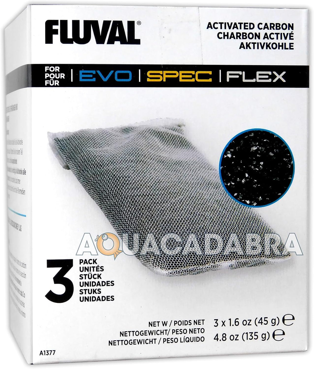 Fluval Spec/Evo/Flex Activated Carbon, Replacement Aquarium Filter Media, 3-Pack, A1377 - Replacement Aquarium Filter Media