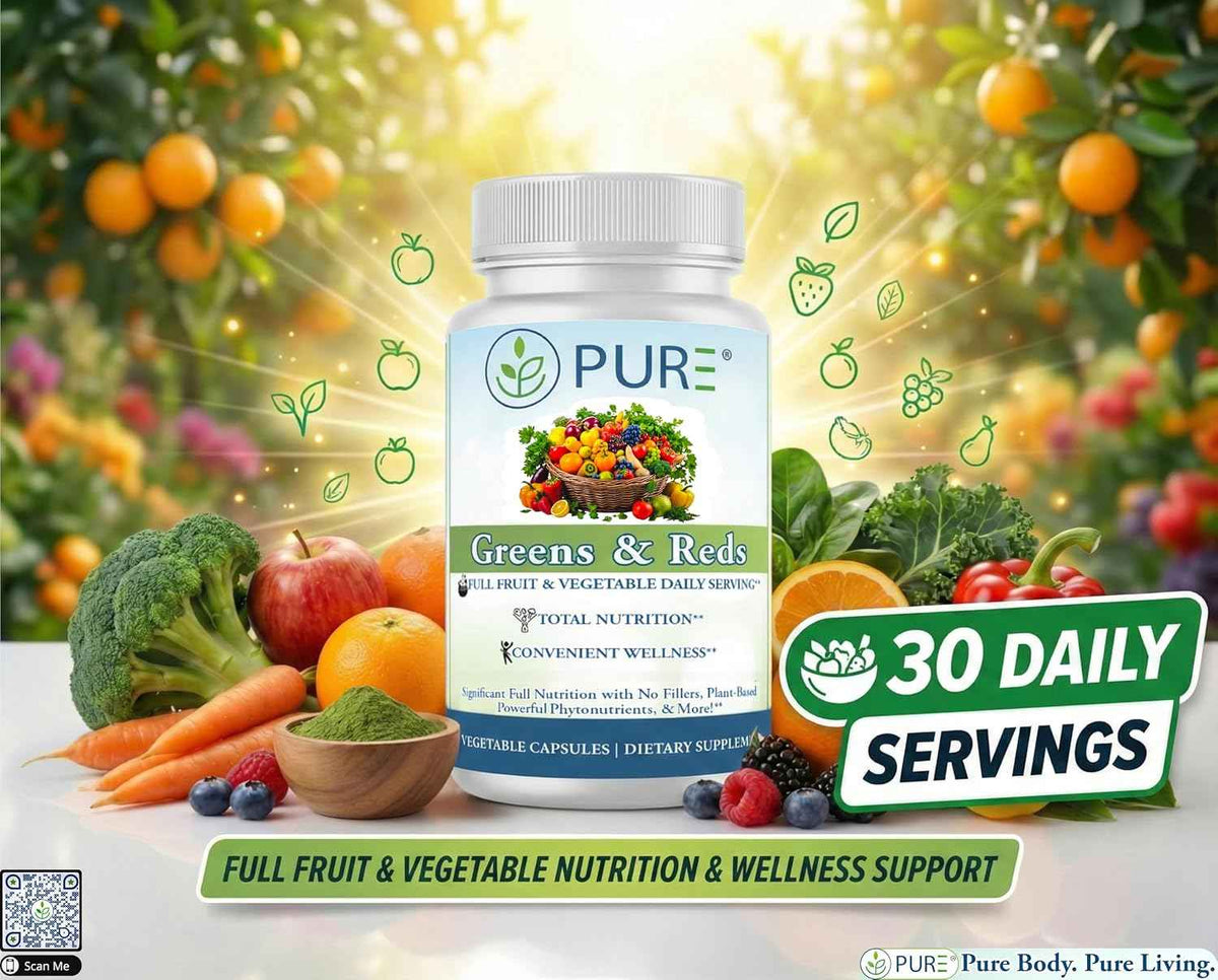 PURE Greens & Reds Capsules - 30 Servings - 9 Daily Servings of Fruits & Vegetables in 1 Capsule - PhytoServ Superfood Blend with Broccoli, Kale & Berries - Plant-Based Phytonutrient Shield
