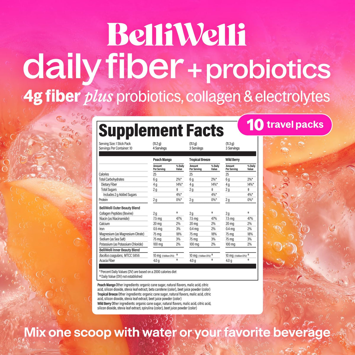 Belli Welli Fiber Supplement, Probiotics Fiber Powder Travel Pack for Women with Collagen & Electrolytes for Daily Gut Health & Debloating, Variety Pack, 10 Packets