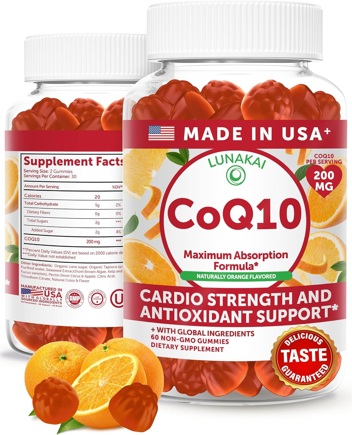Lunakai USA Made CoQ10 Gummies for Adults - 200mg High Potency Coenzyme Q10 Supplement for Daily Heart, Energy & Antioxidant Support for Women & Men, Non-GMO, 60ct