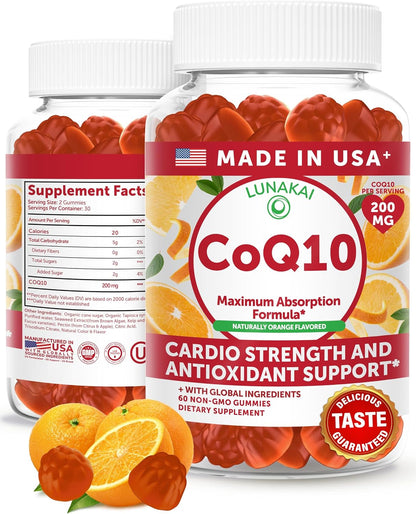 Lunakai USA Made CoQ10 Gummies for Adults - 200mg High Potency Coenzyme Q10 Supplement for Daily Heart, Energy & Antioxidant Support for Women & Men, Non-GMO, 60ct