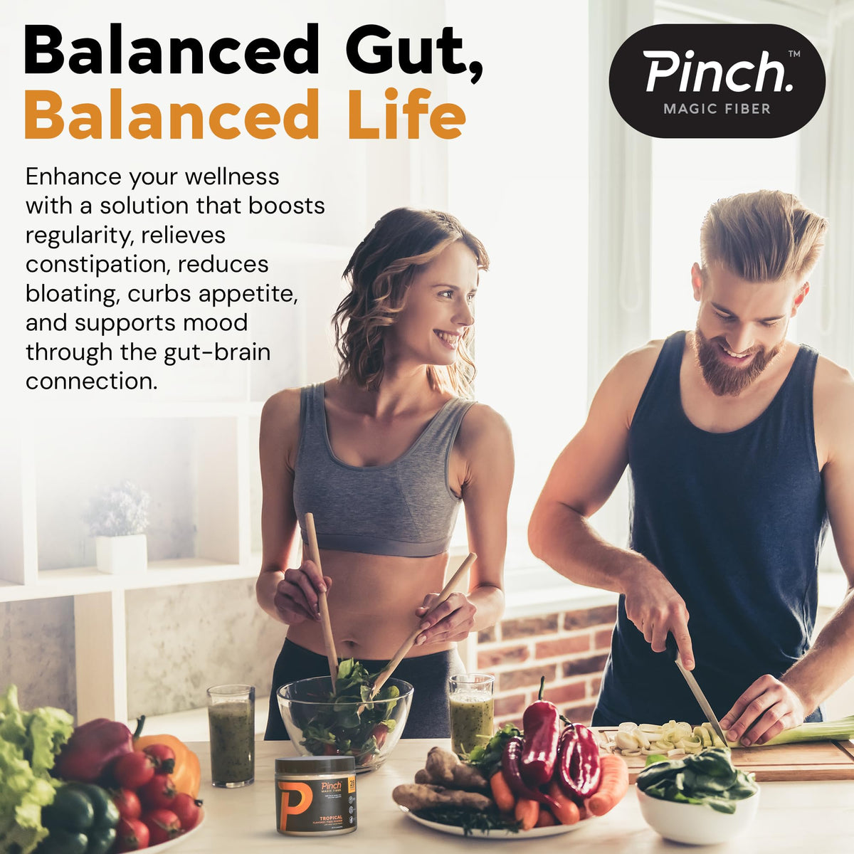 Pinch Magic Sugar Free Fiber Powder – Light Tropical Flavor Psyllium Husk with Bromelain & Vitamins C & D – Vegan, Gluten-Free, Clean Label, USA-Made, GMP-Certified – 28-Day Supply