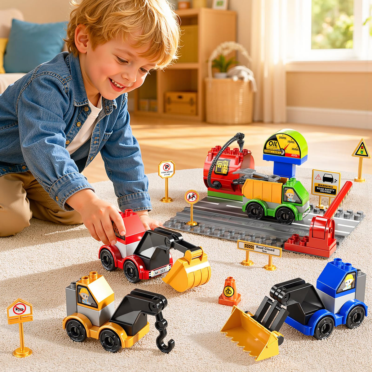 XINNOVEL Toddlers Car Building Blocks Set, 72 Pcs Large Building Blocks, STEM Construction Toys Include Excavator,Bulldozer,Dump Truck,Road Traffic,Signs,Toys for 3 4 5 4 7 8 Year Old Boys Girls