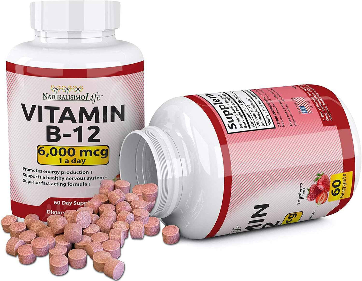 NaturalisimoLife Vitamin B12 6,000 mcg - Quick Dissolve Strawberry Flavor Nuggets - 60 Nuggets, Non-GMO, Vegan, Gluten Free