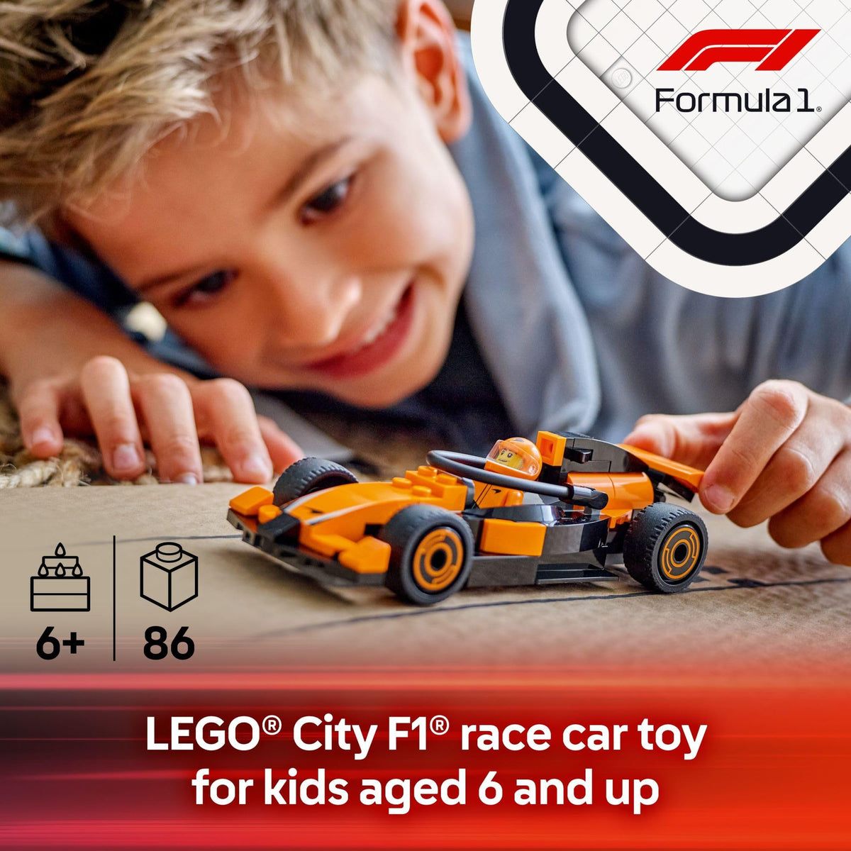 LEGO City F1 Driver with McLaren Race Car Toy - Model Car Building Toy Kit for Kids, Boys and Girls, Ages 6+ - F1 Collectible for Fans - with a Driver Minifigure - Gift Idea for Birthdays - 60442