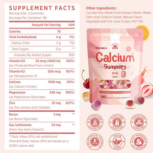 Calcium Gummies for Women – 1500mg Calcium Citrate with Vitamin D3, K2, Magnesium, Zinc, Boron & Soy Isoflavones – Calcium Supplement, Vegan, Zero Sugar, Mixed Fruit Flavors, 360 Count