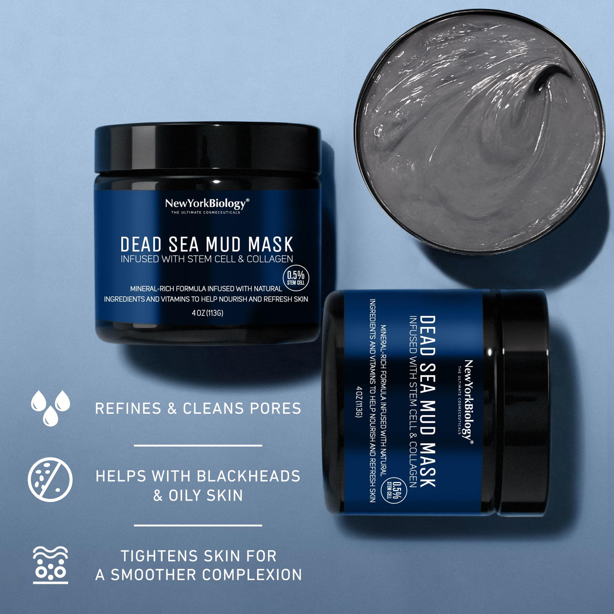 New York Biology Dead Sea Mud Mask for Face, Body - with Stem Cell and Collagen - Spa Quality Pore Refiner for Oily Skin