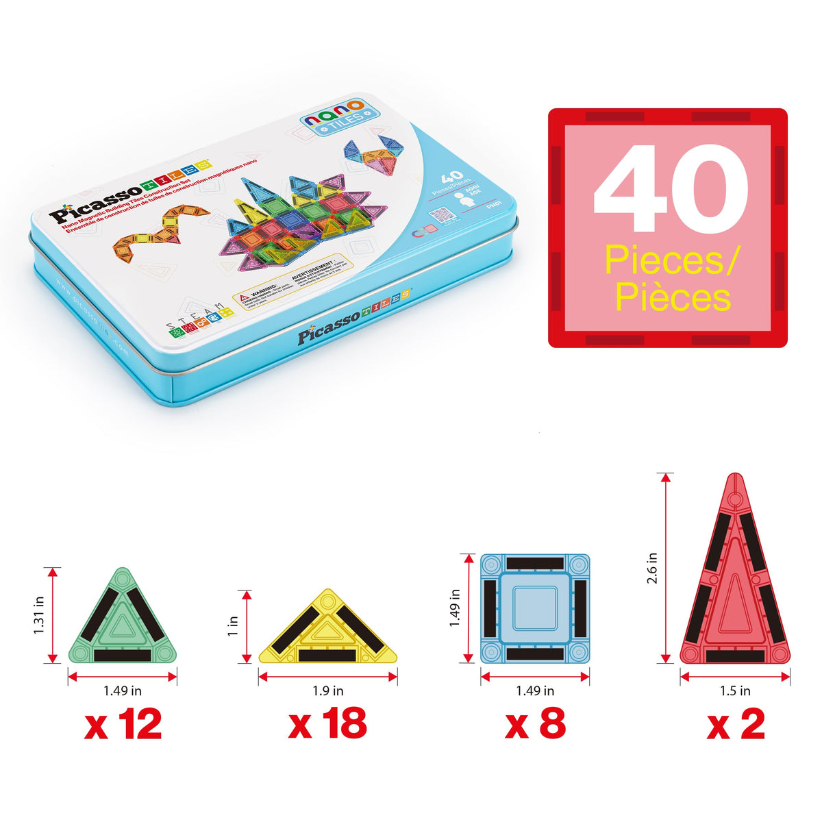 PicassoTiles 40 PCS Mini Magnetic Tiles Travel Toy Educational Building Set