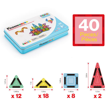 PicassoTiles 40 PCS Mini Magnetic Tiles Travel Toy Educational Building Set