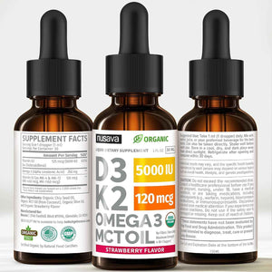 NUSAVA Unflavored D3 K2, Strawberry Flavored D3 K2 & Vitamin B12 Liquid Drops Bundle - Daily Wellness Liquid Vitamins for Energy & Immune Support - Non-GMO, Gluten-Free, 2pk Each