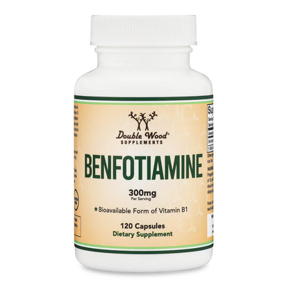 Benfotiamine 300mg Servings (Third Party Tested, 120 Capsules, 150mg Per Cap) Non-GMO, to Boost Thiamine B1 Levels (More Absorbable Than Thiamine, Fat Soluble) by Double Wood