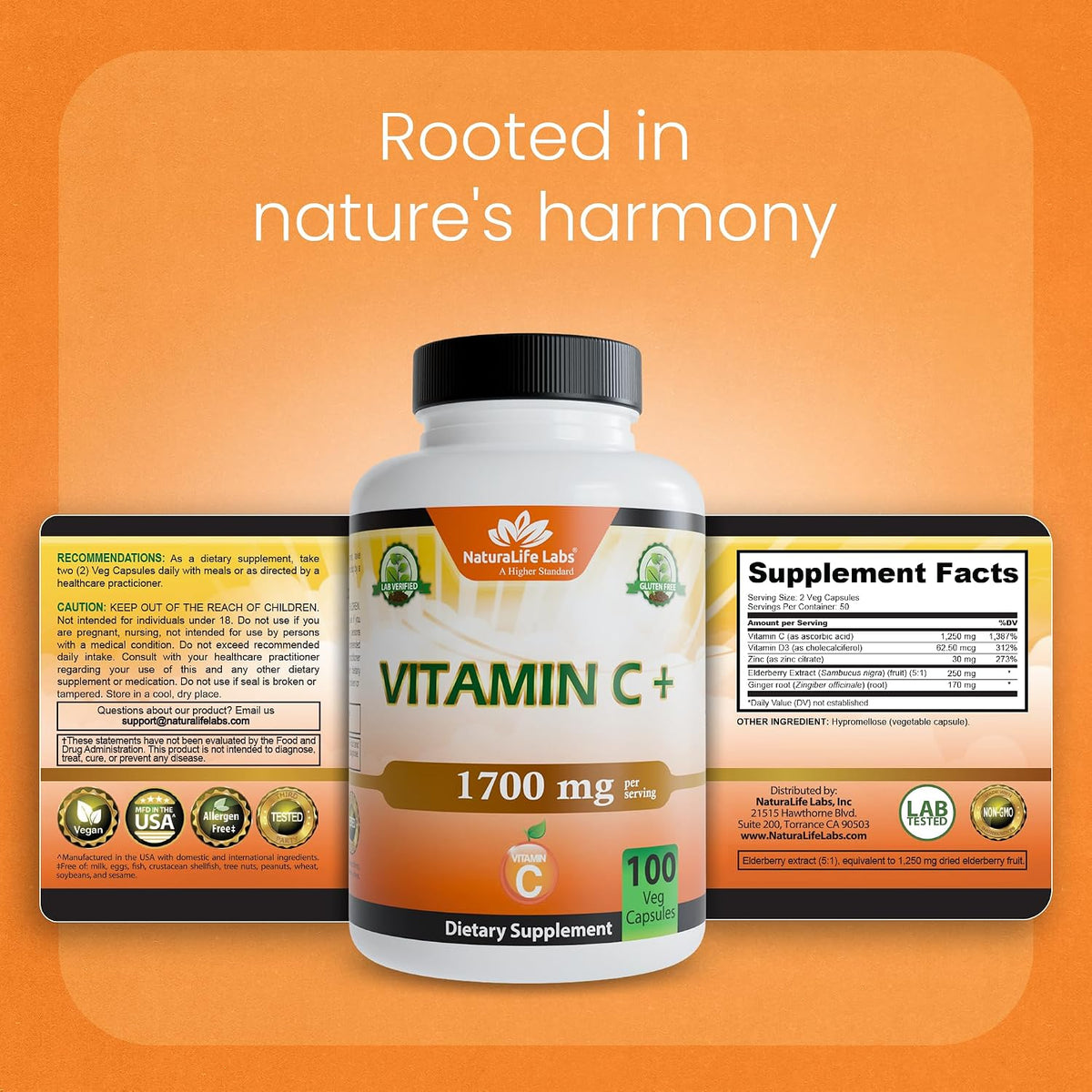 NaturaLife Labs Vitamin C with Vitamin D3, Zinc, Elderberry & Ginger Root - 1,700 mg per Serving - 100 Capsules, Vegan, Non-GMO, Gluten Free