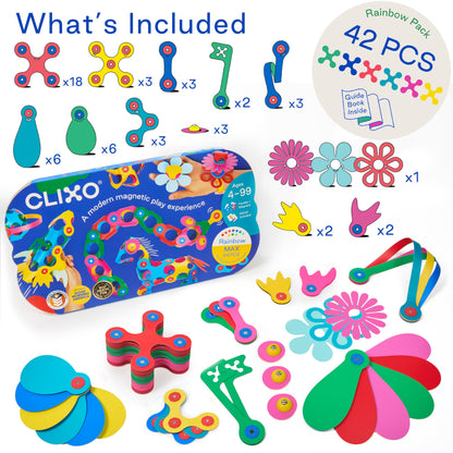 Clixo Rainbow Max 54 Piece Pack - Flexible, Durable, Imagination-Boosting Magnetic Building Toy- Modern, Modular Designs for Hours of STEM Play. A Multi-Sensory Magnet Toy, Travel Friendly. Ages 4-99