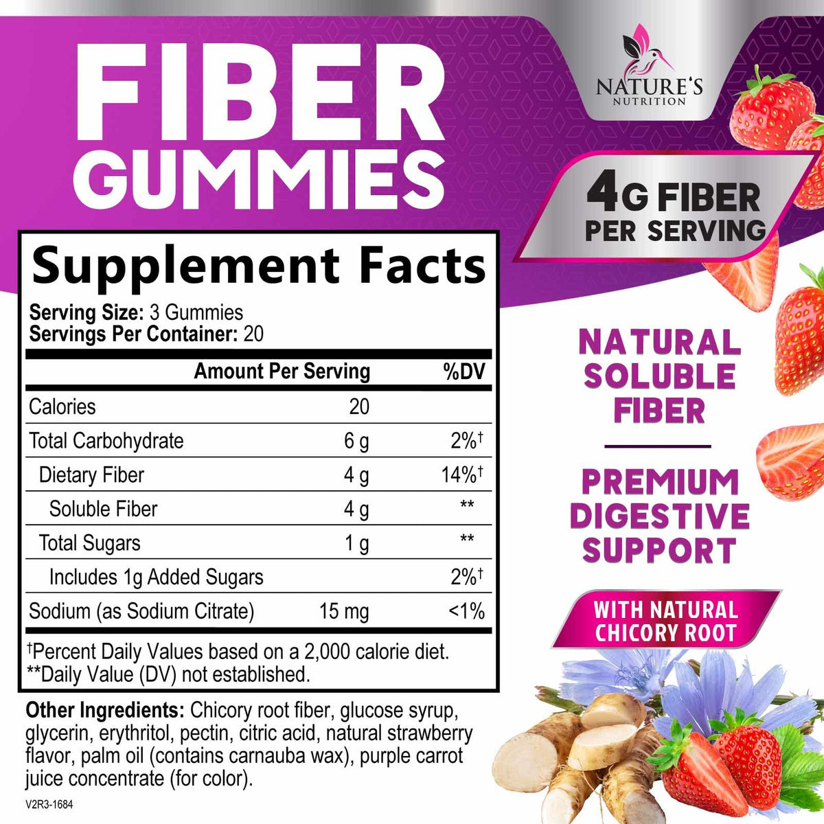 Fiber Gummies for Adults - Soluble Fiber 4g Per Serving - Plant-Based Prebiotic Fiber Supplement for Digestive Health, Gut Health, & Regularity Support - Vegan Gummy - Tasty Berry Flavor - 60 Gummies