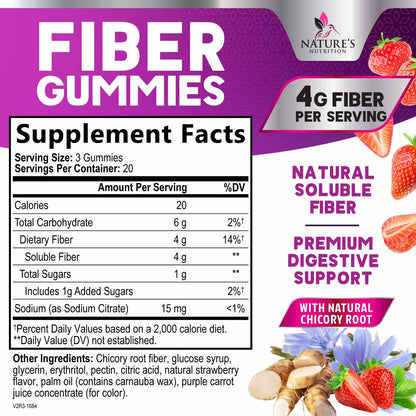 Fiber Gummies for Adults - Soluble Fiber 4g Per Serving - Plant-Based Prebiotic Fiber Supplement for Digestive Health, Gut Health, & Regularity Support - Vegan Gummy - Tasty Berry Flavor - 60 Gummies
