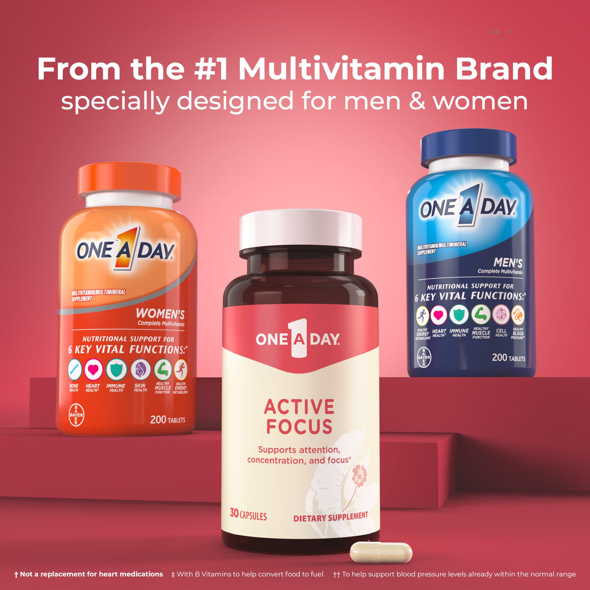 ONE A DAY Bundle Multivitamin for Women 200 Count Tablets Active Focus Supplement