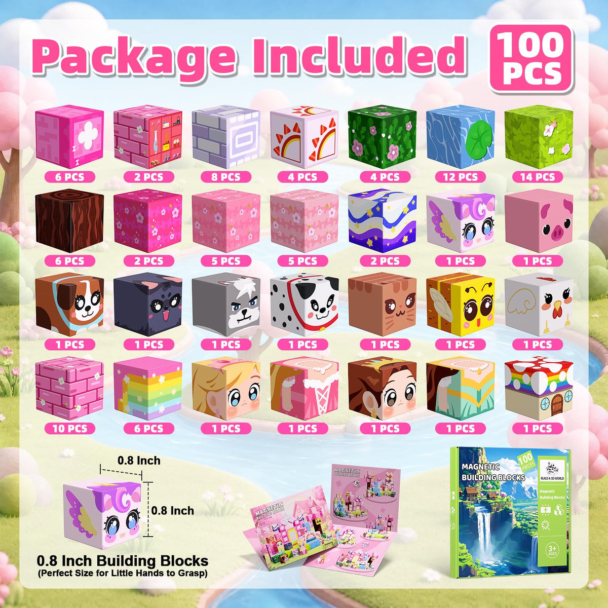 100PCS Magnetic Blocks, Magnetic Building Cube Set for Kids Ages 3+, Constructions STEM Stacking Tiles Toy Building Birthday Gifts for Girls