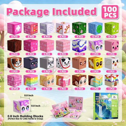100PCS Magnetic Blocks, Magnetic Building Cube Set for Kids Ages 3+, Constructions STEM Stacking Tiles Toy Building Birthday Gifts for Girls