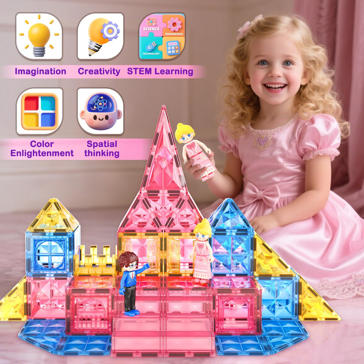 Soyee Diamond Magnetic Tiles Magnet Building Blocks - Princess Castle Toys for Girls & Boys Age 3-8 Birthday Present 5 6 7 8 9 10 Year Old Gifts for Kids Classroom