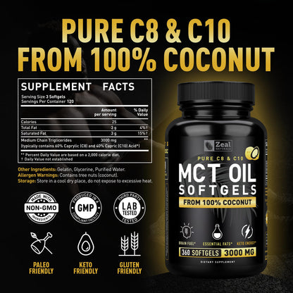 Pure MCT Oil Capsules (360 Softgels | 3000mg) 4 Month Supply Keto Pills w Unrefined Coconut - C10 & C8 Brain Fuel, Energy, Octane Ketosis