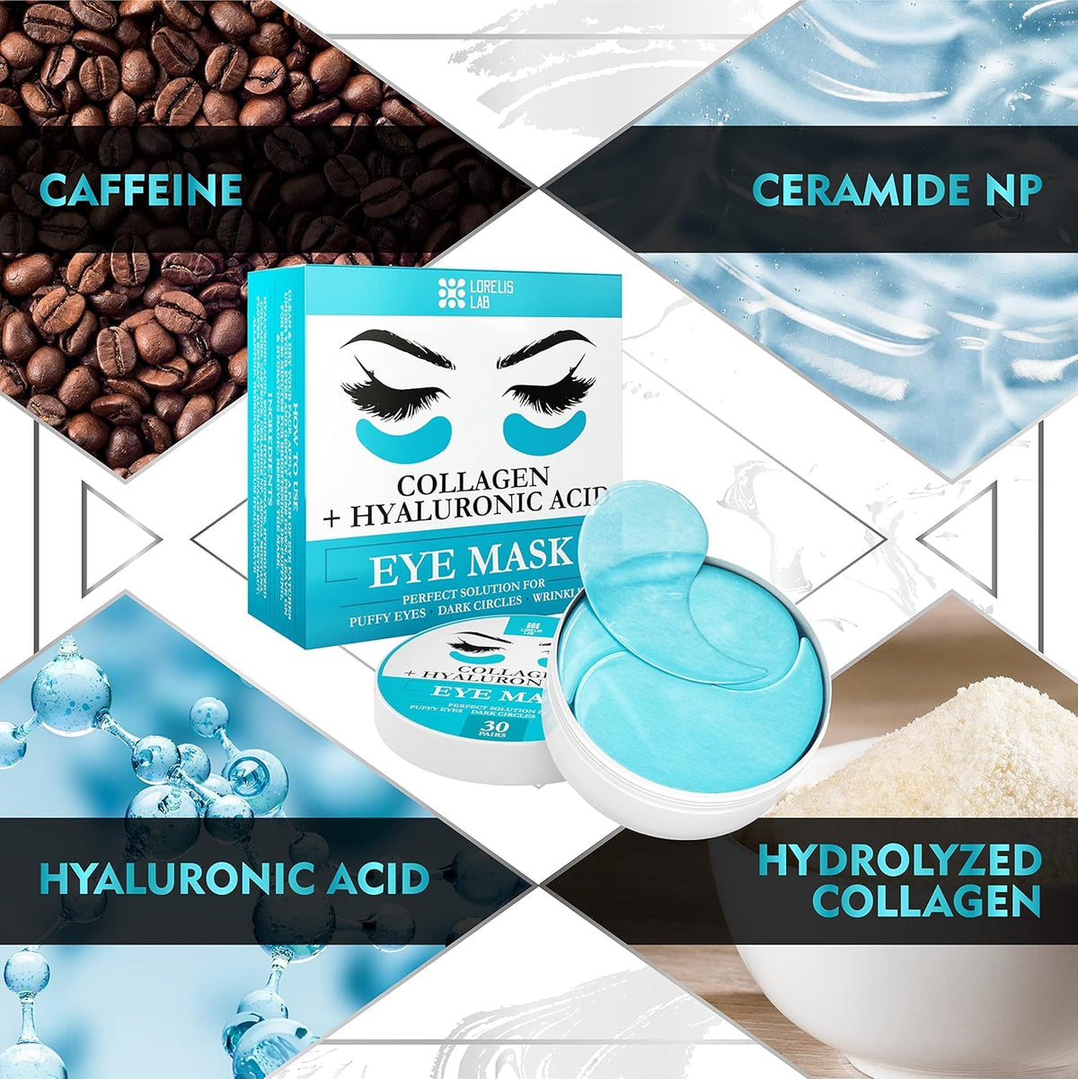 Under Eye Patches - Collagen, Caffeine & Hyaluronic Acid (30 Pairs)