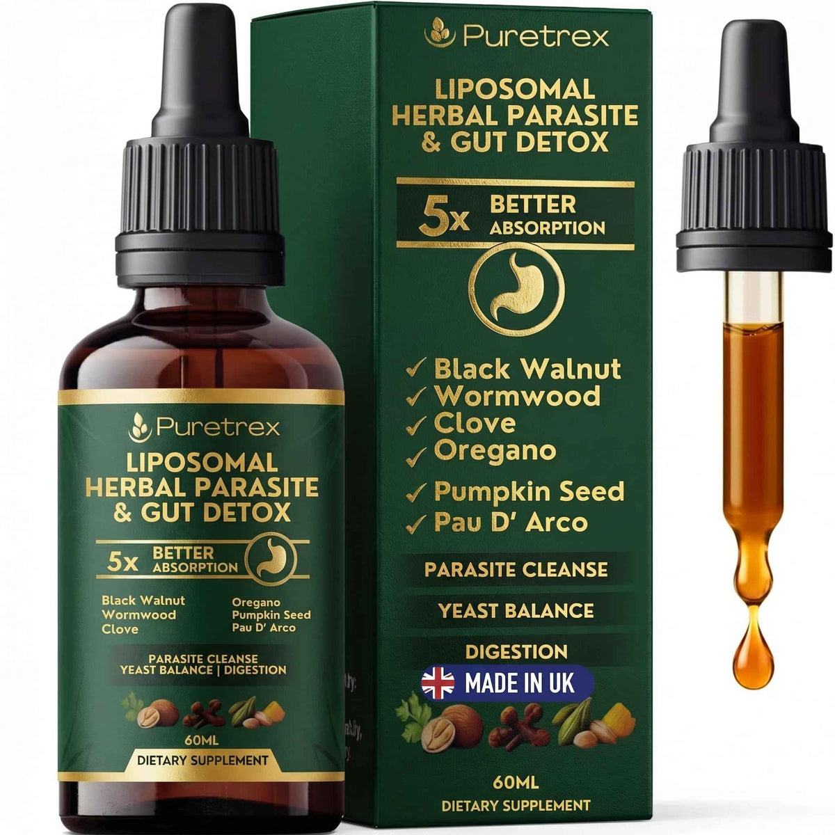 PURETREX Herbal Gut Detox & Cleanse Drops 2 fl oz, Liposomal Dewormer for Humans with Wormwood, Black Walnut, Clove, Pumpkin Seed, PAU D'Arco, Candida