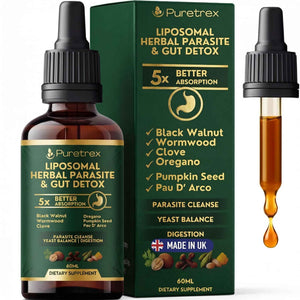 PURETREX Herbal Gut Detox & Cleanse Drops 2 fl oz, Liposomal Dewormer for Humans with Wormwood, Black Walnut, Clove, Pumpkin Seed, PAU D'Arco, Candida