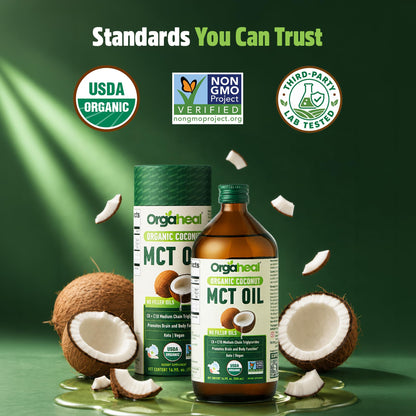 Orgaheal Organic MCT Oil from Pure Coconut with C8 & C10 | Glass Bottle | 16.9 fl oz (500 ml) | Rapid Keto | Brain & Body Fuel | USDA Organic Certified | Vegan, No Fillers