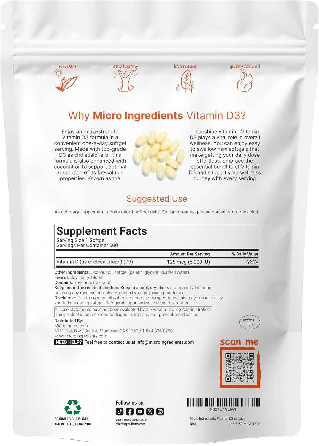 Micro Ingredients Vitamin D3 5,000 IU, 500 Softgels - Virgin Coconut Oil - Cholecalciferol Form - Bone, Immune & Heart Support - Easy to Swallow, Non-GMO