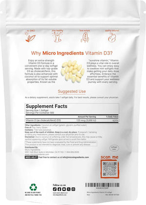 Micro Ingredients Vitamin D3 5,000 IU, 500 Softgels - Virgin Coconut Oil - Cholecalciferol Form - Bone, Immune & Heart Support - Easy to Swallow, Non-GMO