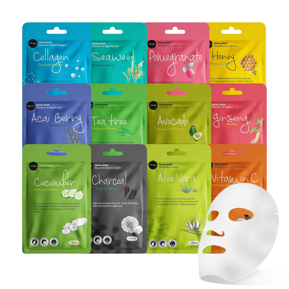 Celavi Essence Facial Sheet Face Mask Variety Set Classic Authentic Korean Moisturizing Skincare (12-Packs)