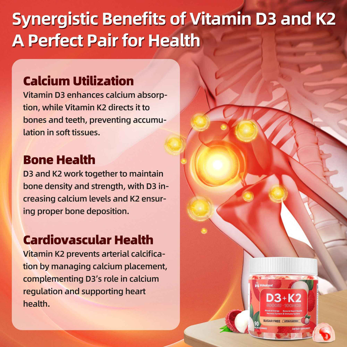 Vitamin D3 K2 Gummies w/Magnesium Sugar Free - 90 Count - D3 Vitamin 5,000 IU + K2(MK-7) 100 mcg - Vegan K2 D3 Vitamin Supplement, Highly Absorbent Supports Bone