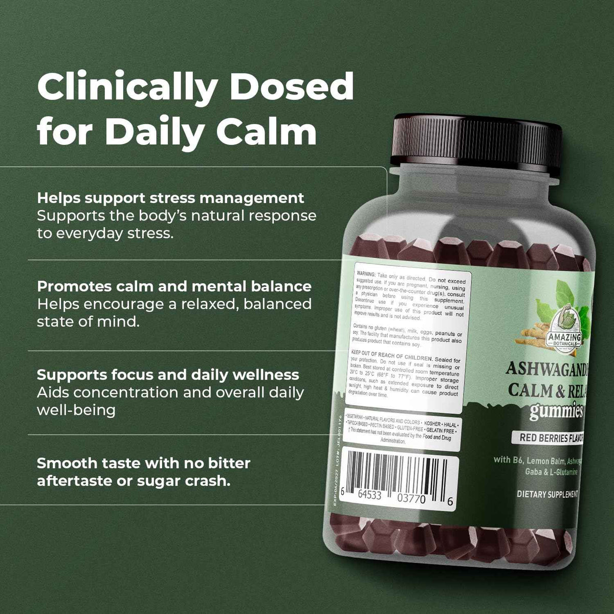 Ashwagandha Calm & Relax Gummies with Vitamin B6, Lemon Balm, GABA & L-Glutamine - 60 Gummies - Red Berries Flavor - Improve Sleep, Stress Relief & Mood - Vegan, Gluten-Free, Non-GMO
