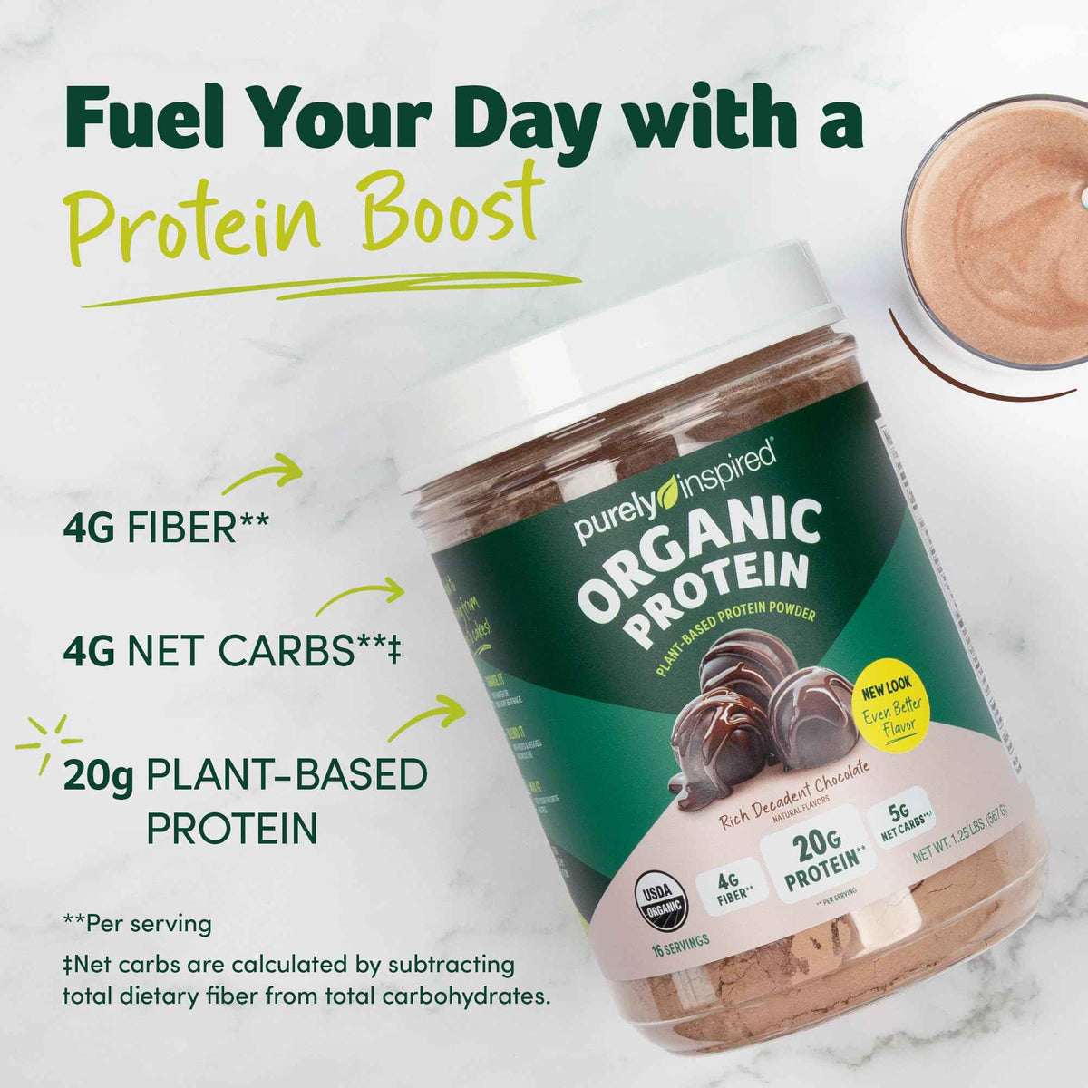 Purely Inspired Plant-Based Protein Powder for Men & Women, Rich Decadent Chocolate (16 Servings) - Vegan & Organic - 20g of Pea Protein Powder for Smoothies & Shakes