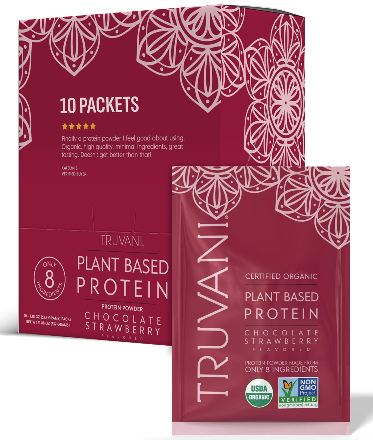 Truvani Organic Plant Based Protein Powder - Strawberry - 10 Servings - Vegan - 20g Pea Protein - Single Serving Travel Packets - Keto - Gluten & Dairy Free - Low Carb