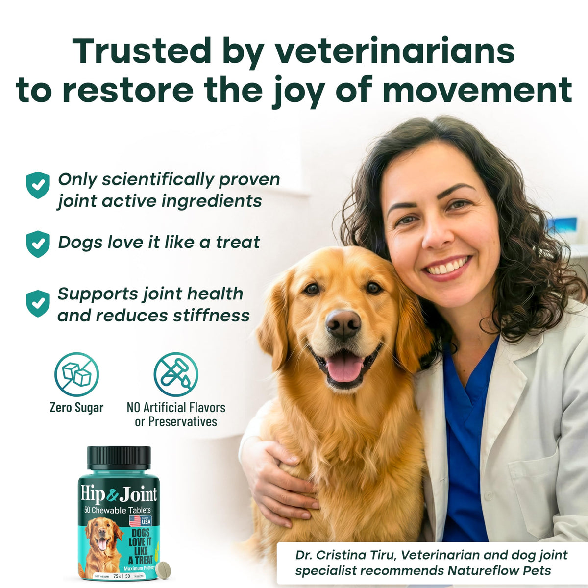 Natureflow Hip & Joint Supplement for Dogs, 300mg Green-Lipped Mussel for Dog Arthritis Pain Relief, Glucosamine, MSM & Chondroitin, Zero Sugar, Large Medium Small Breeds, 50 Chewable Tablets