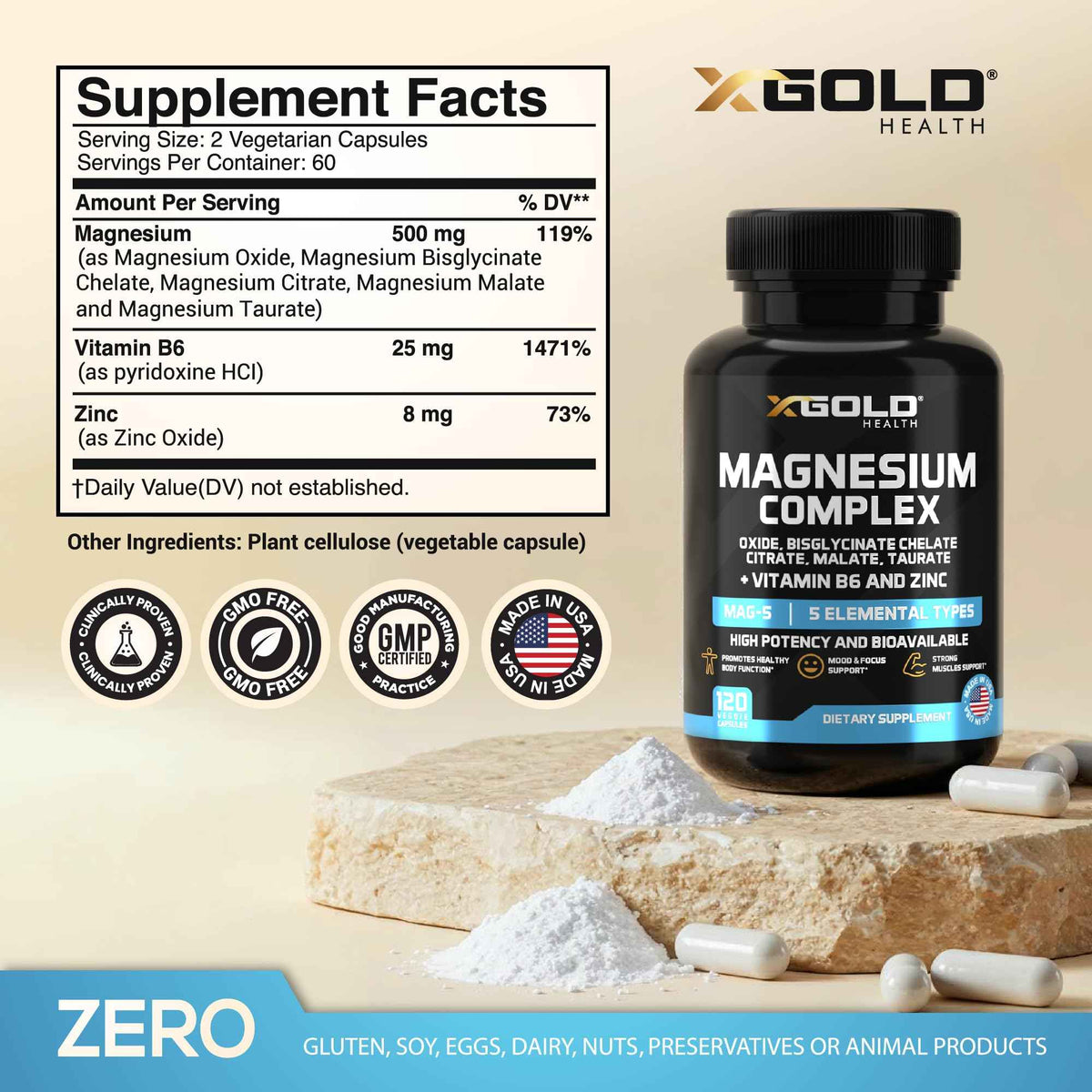 X Gold Health Magnesium Complex 5-in-1 with Zinc & B6 High Absorption Capsules (Glycinate, Citrate, Malate, Taurate, Oxide) Muscle Recovery, Energy, Sleep Support & Immune Health 500mg Made in USA