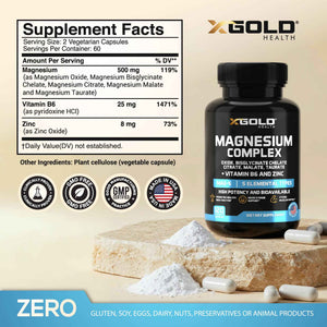 X Gold Health Magnesium Complex 5-in-1 with Zinc & B6 High Absorption Capsules (Glycinate, Citrate, Malate, Taurate, Oxide) Muscle Recovery, Energy, Sleep Support & Immune Health 500mg Made in USA