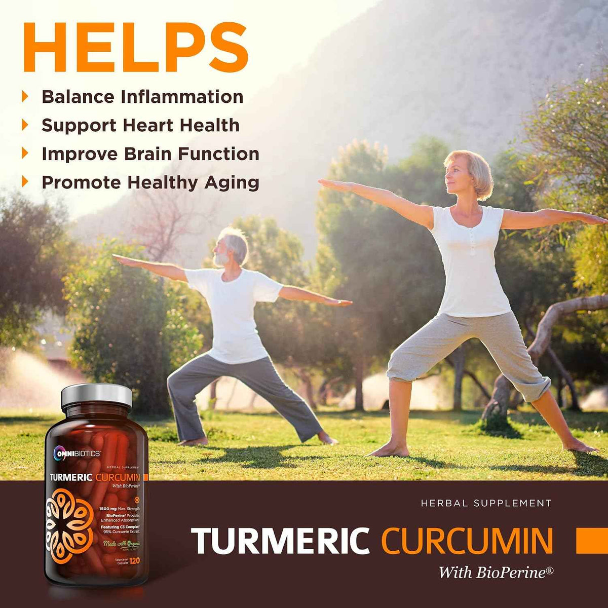 OmniBiotics Organic Turmeric Curcumin Supplement with Black Pepper Extract - 1500mg Turmeric with 95% Curcuminoids & BioPerine, High Absorption for Joint Support - 120 Vegan Capsules