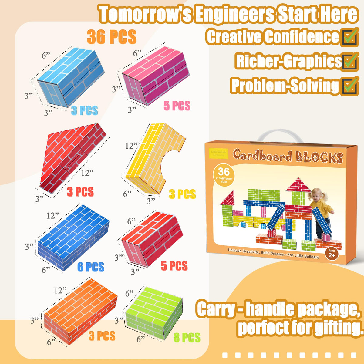 Cartboatoy Cardboard Building Blocks for Kids 36pcs: Jumbo Gifts Heavy Duty Develop Creative Thinking Spatial Reasoning Easy to Assemble