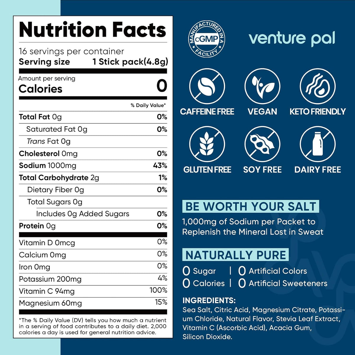 Venture Pal High Sodium Sugar Free Electrolytes Powder Packet, 16 Sticks - Hydration Packets with Vitamin, Sodium & Potassium, Zero Calories, Vegan, Keto & Paleo Friendly Electrolyte Drink Mix
