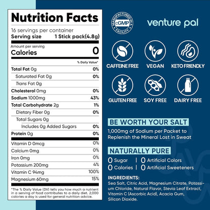 Venture Pal High Sodium Sugar Free Electrolytes Powder Packet, 16 Sticks - Hydration Packets with Vitamin, Sodium & Potassium, Zero Calories, Vegan, Keto & Paleo Friendly Electrolyte Drink Mix